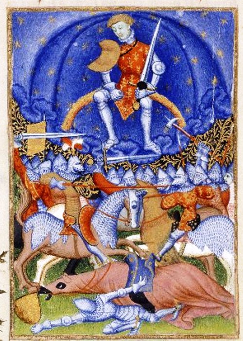 Anónimo,.Marte, sentado en un arco iris con una espada y un cetro, excita a los hombres a la guerra. Epístola de Othea (Manuscrito de la Reina). Siglo 15. Wikimedia Commons 17 septiembre 2012